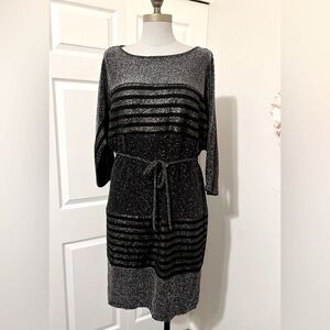 Roz & Ali Black and Silver Stretch Dress with rope belt